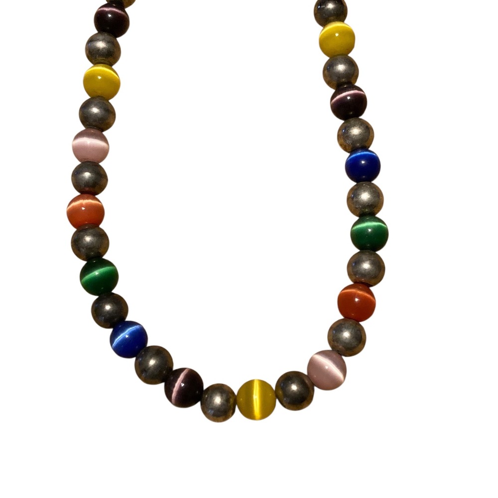 Multicolor Cat Eye Bead Necklace Rainbow Fiber Optic Glass Silver Tone 18.5in